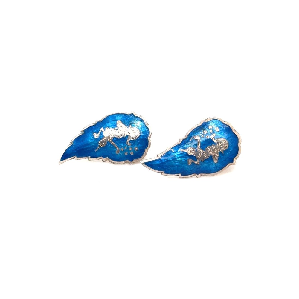Vintage Siam Sterling Silver Blue Enamel Mekkala Goddess Clip On Earrings 8.4g
